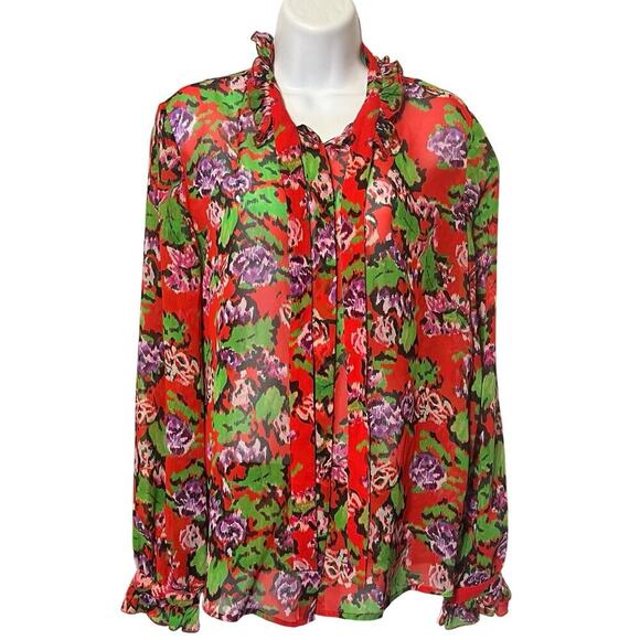 Saloni Emile Georgette Sheer Top 100% Silk Size 8 Floral Cherry Damask Tie Neck - Picture 2 of 7